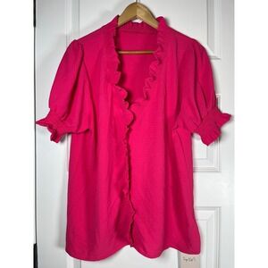 Sage Vell Hot Pink Ruffle V-Neck Puff Sleeve Blouse Medium NEW